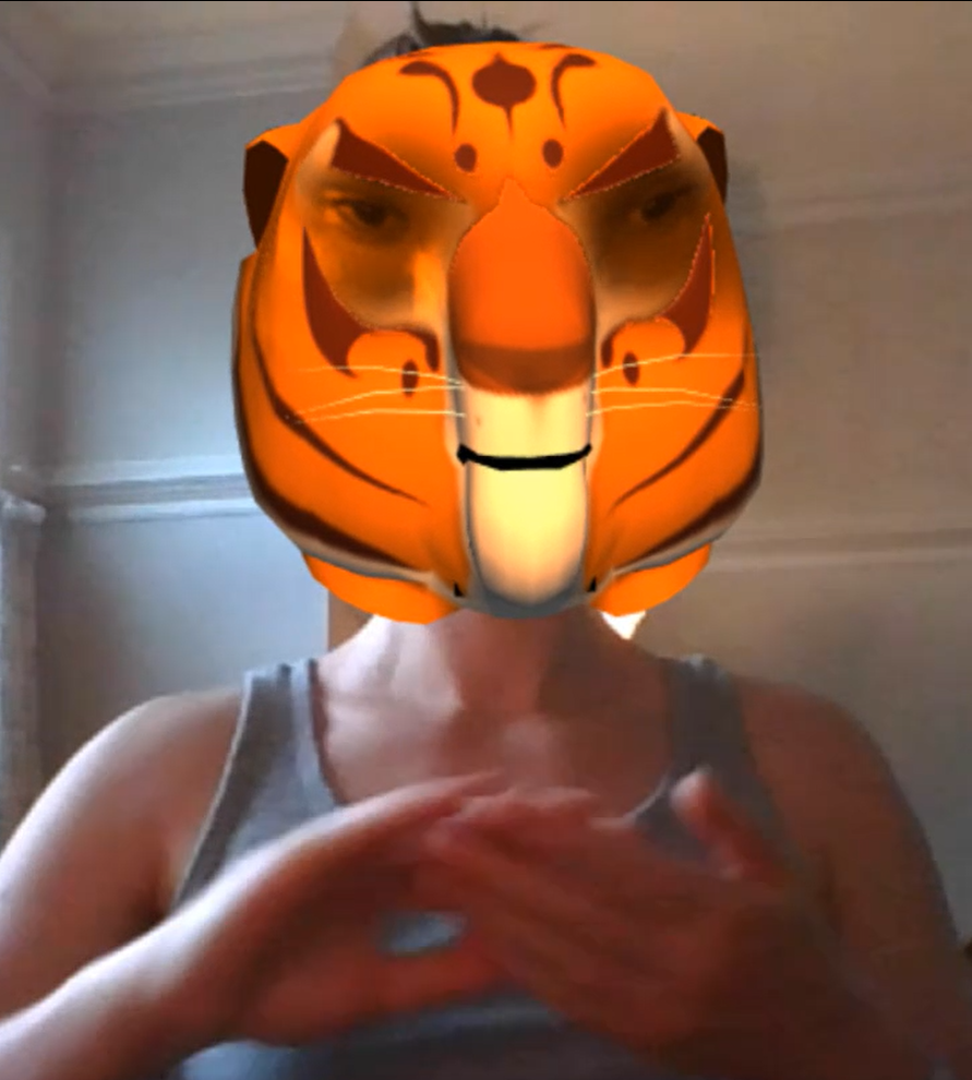 Screen shot of a signer with a tiger head avatar replacing their head